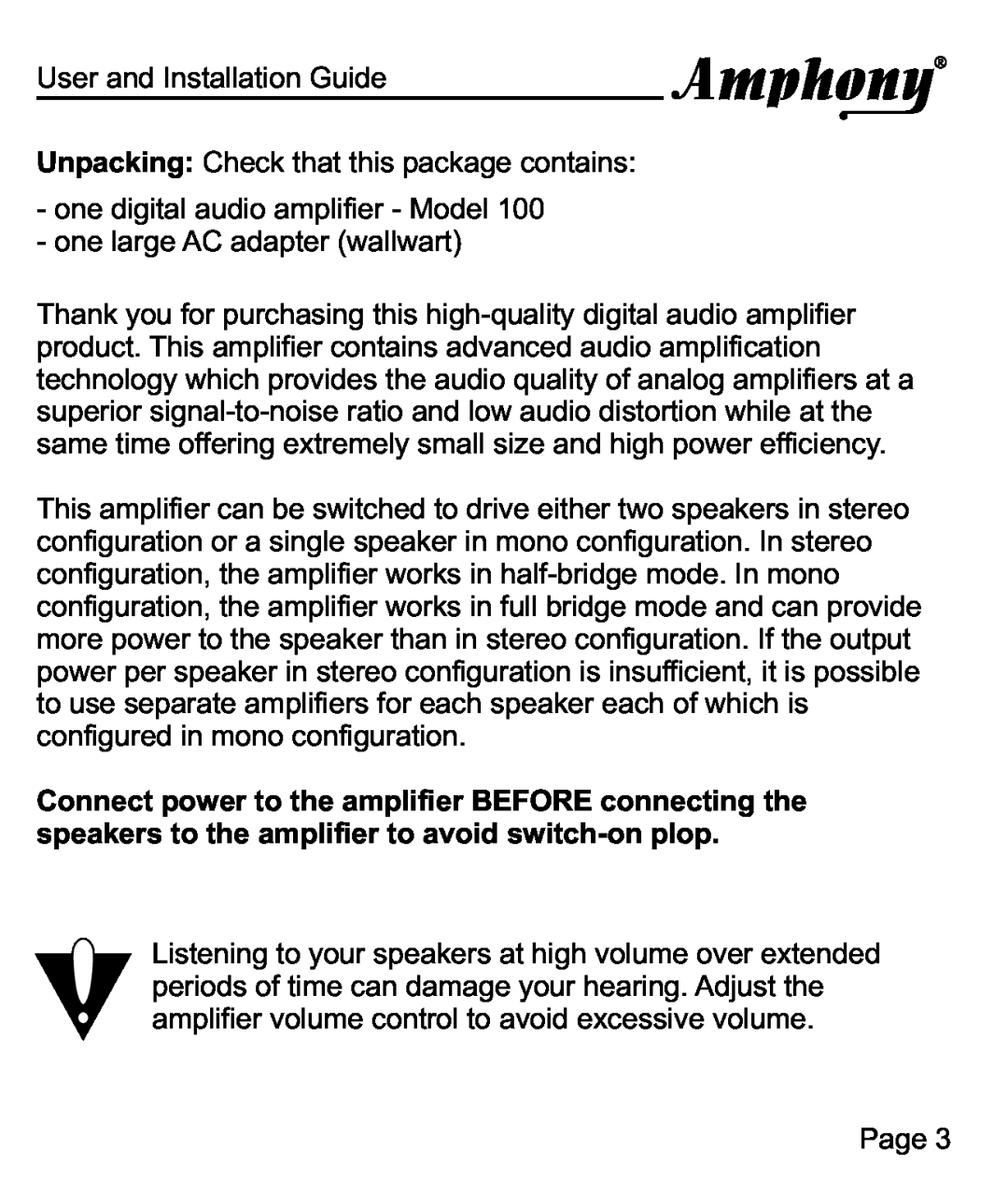 Amphony 100 manual User and Installation Guide 