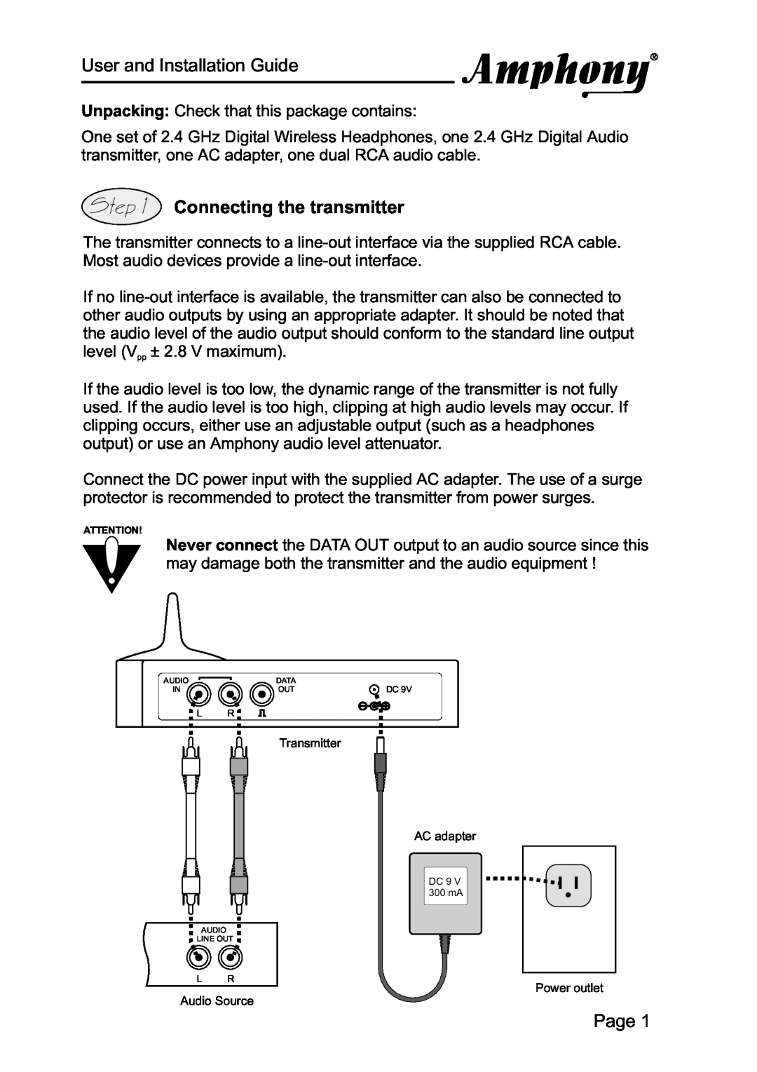 Amphony 1000 manual User and Installation Guide, Connecting the transmitter, Page 