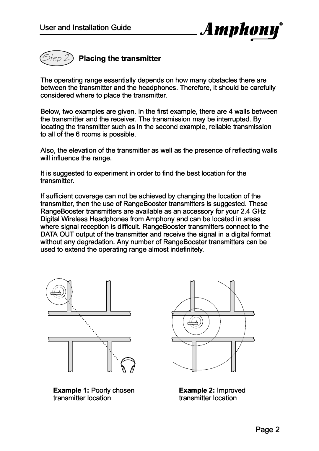 Amphony 1000 manual Placing the transmitter, Example 2 Improved, User and Installation Guide, Page 