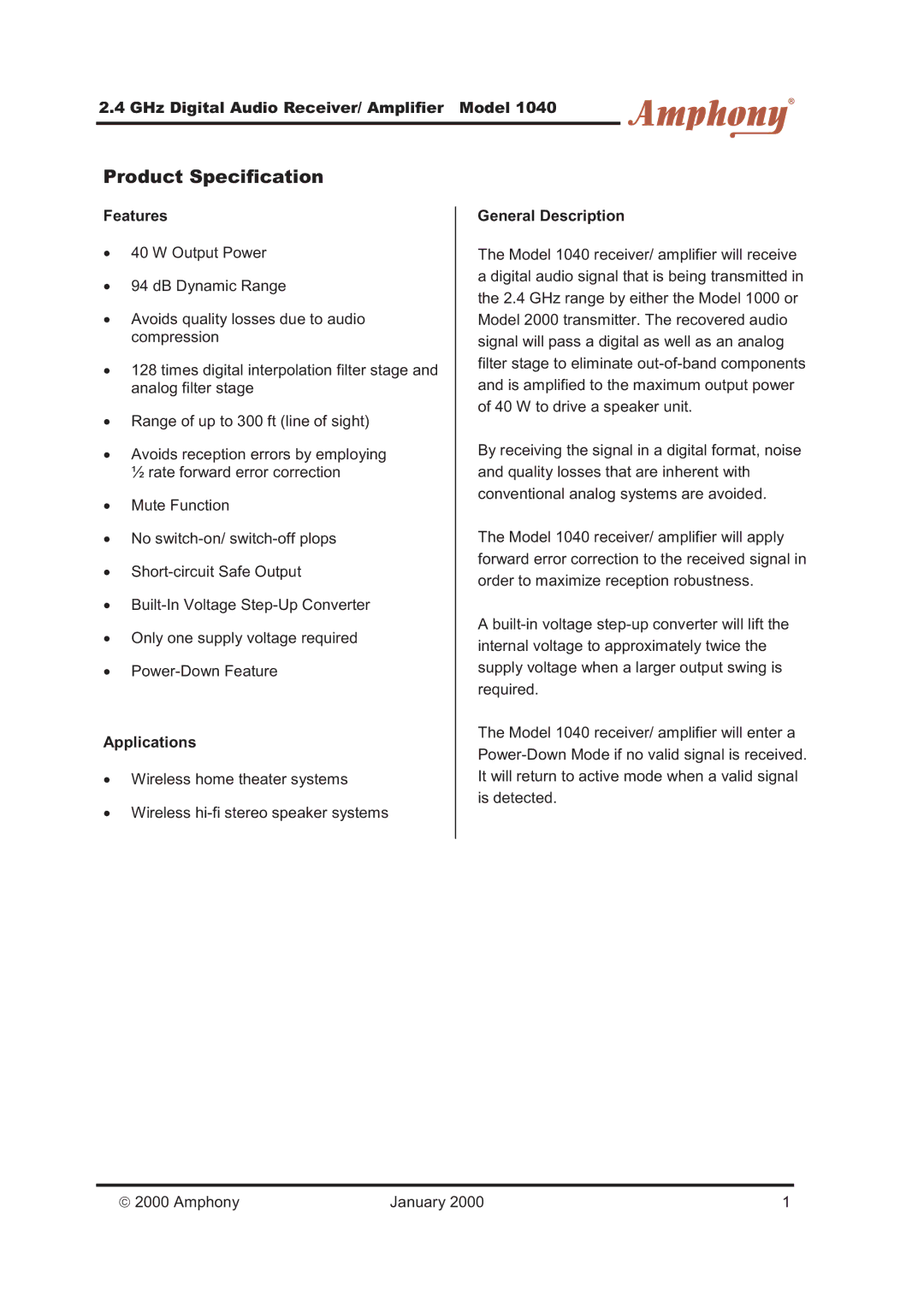 Amphony 1040 manual Product Specification, GHz Digital Audio Receiver/ Amplifier Model, Features, Applications 