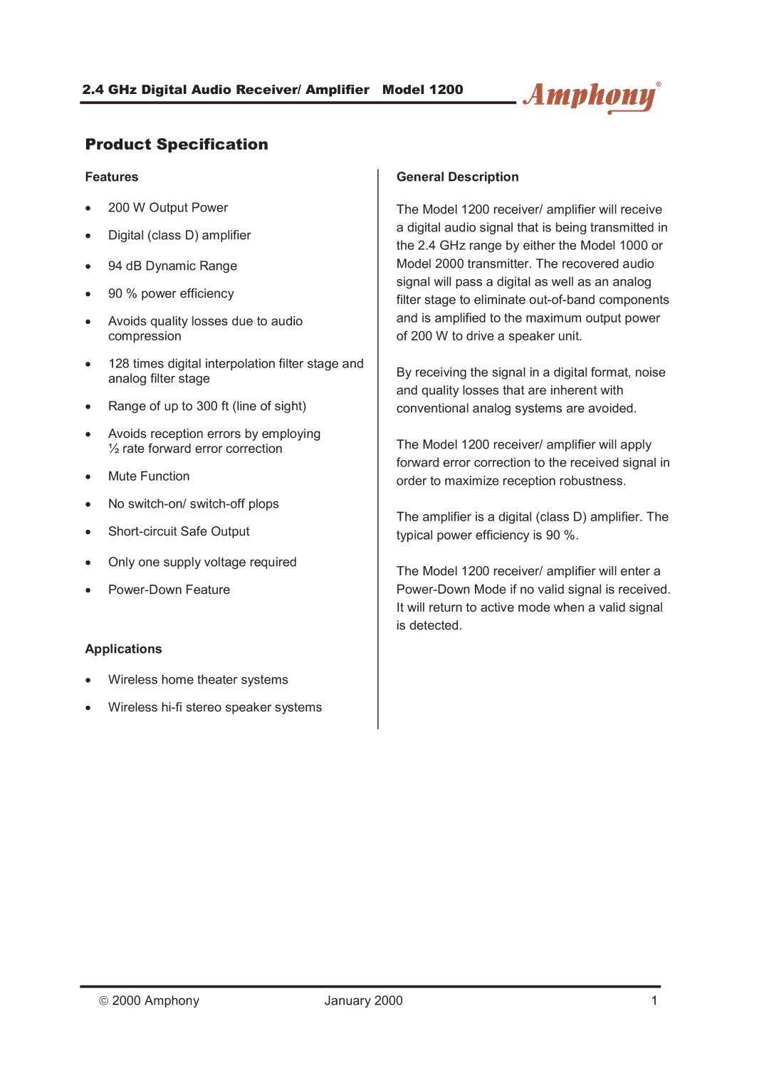 Amphony 1200 manual Product Specification, GHz Digital Audio Receiver/ Amplifier Model, Features, Applications 