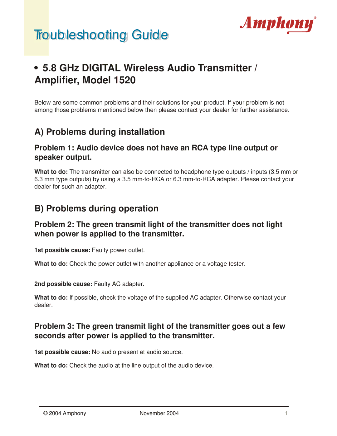 Amphony 1520 manual 1st possible cause Faulty power outlet, 2nd possible cause Faulty AC adapter 