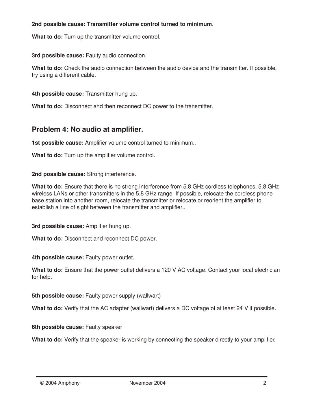 Amphony 1520 manual Problem 4 No audio at amplifier 