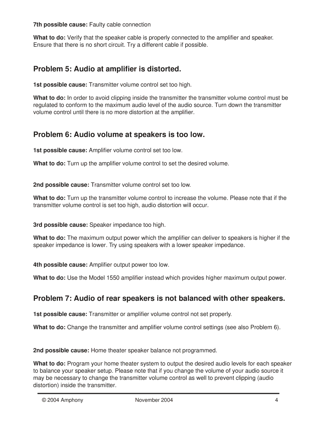 Amphony 1520 manual Problem 5 Audio at amplifier is distorted, Problem 6 Audio volume at speakers is too low 