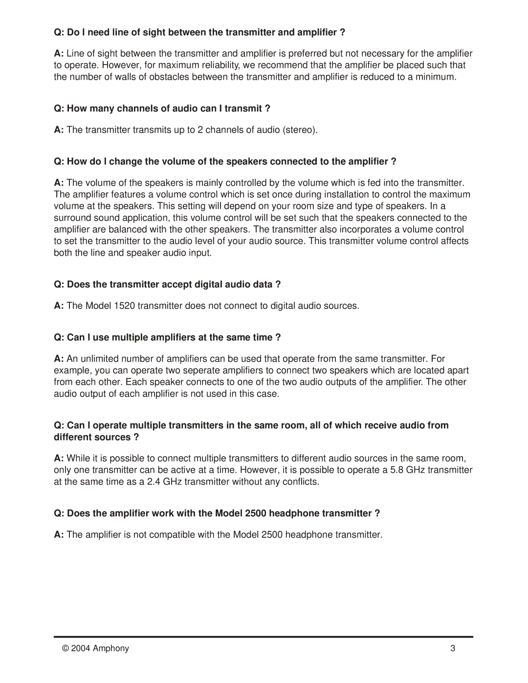 Amphony 1550 manual How many channels of audio can I transmit ?, Does the transmitter accept digital audio data ? 