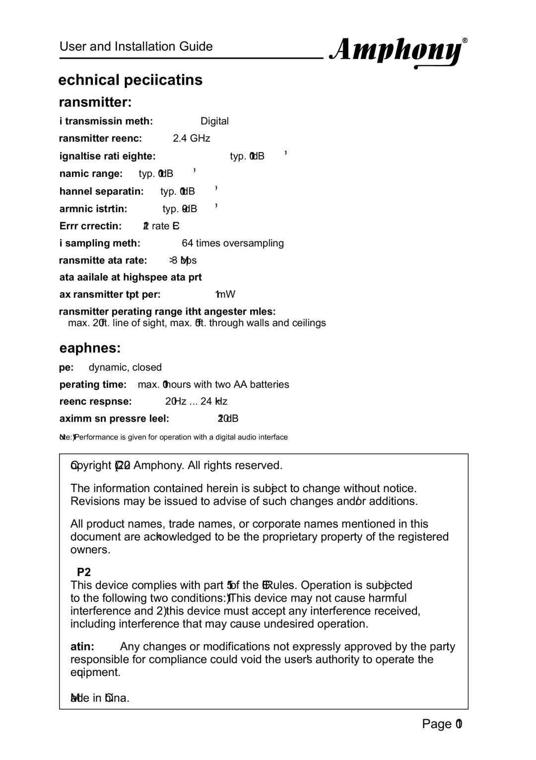 Amphony 2000 manual Technical Specifications 