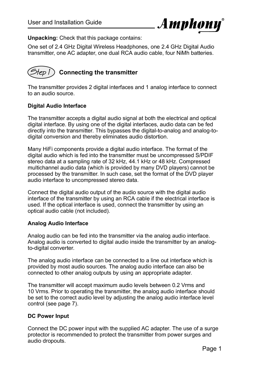 Amphony 2000 manual User and Installation Guide, Connecting the transmitter 