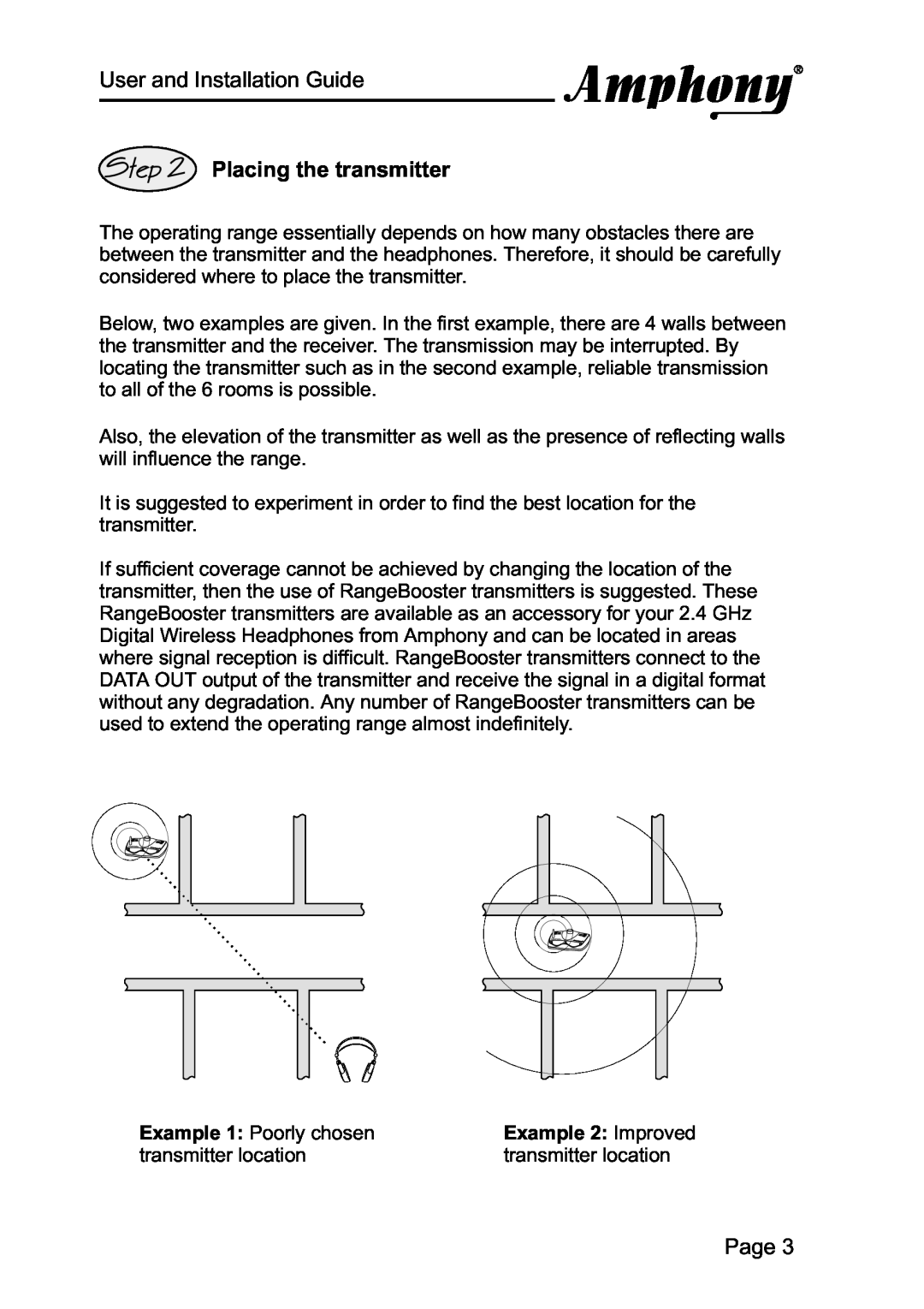 Amphony 2000 manual Placing the transmitter, Example 2 Improved, User and Installation Guide, Page 