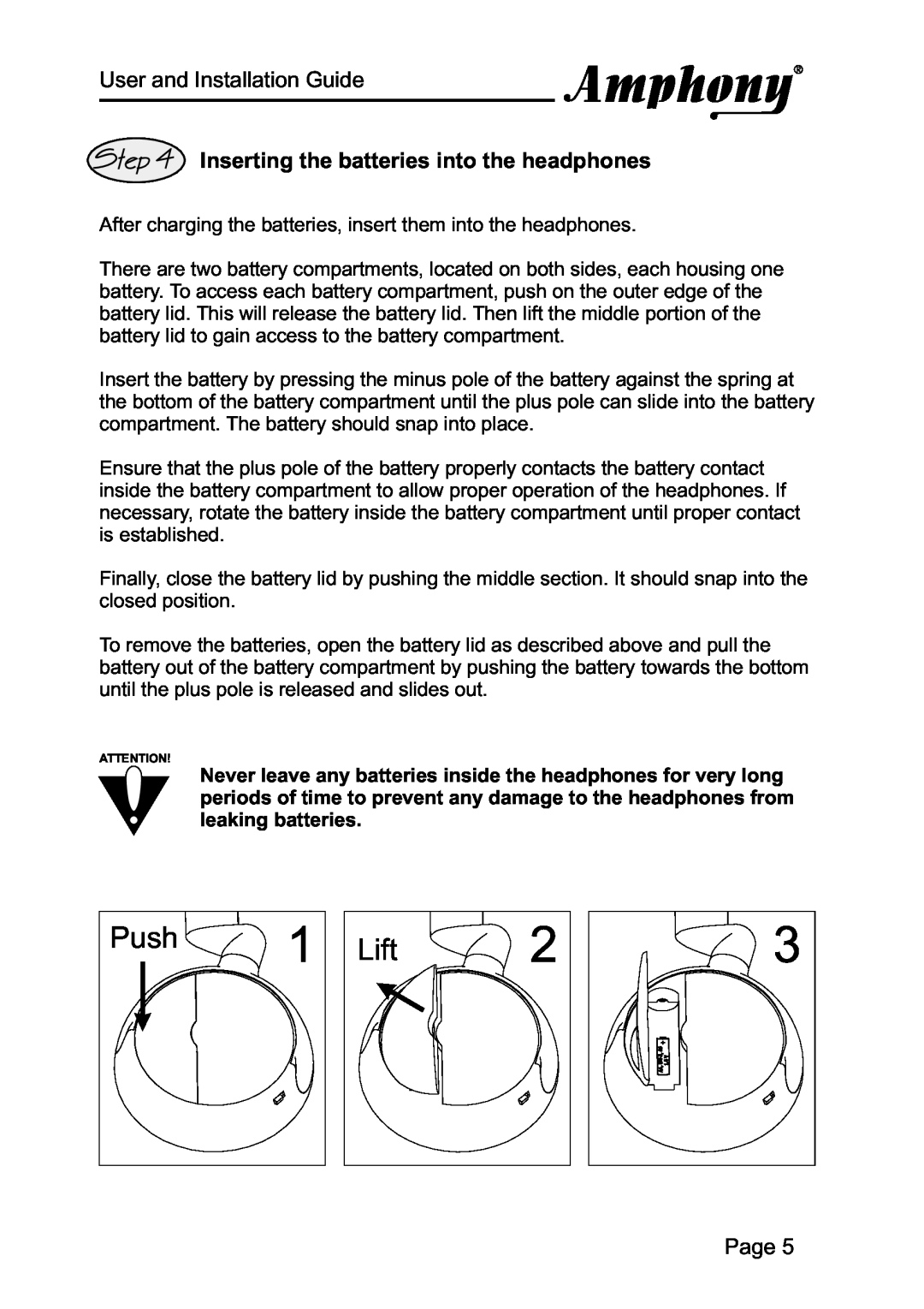 Amphony 2000 manual Inserting the batteries into the headphones, Push, Lift, User and Installation Guide, Page 