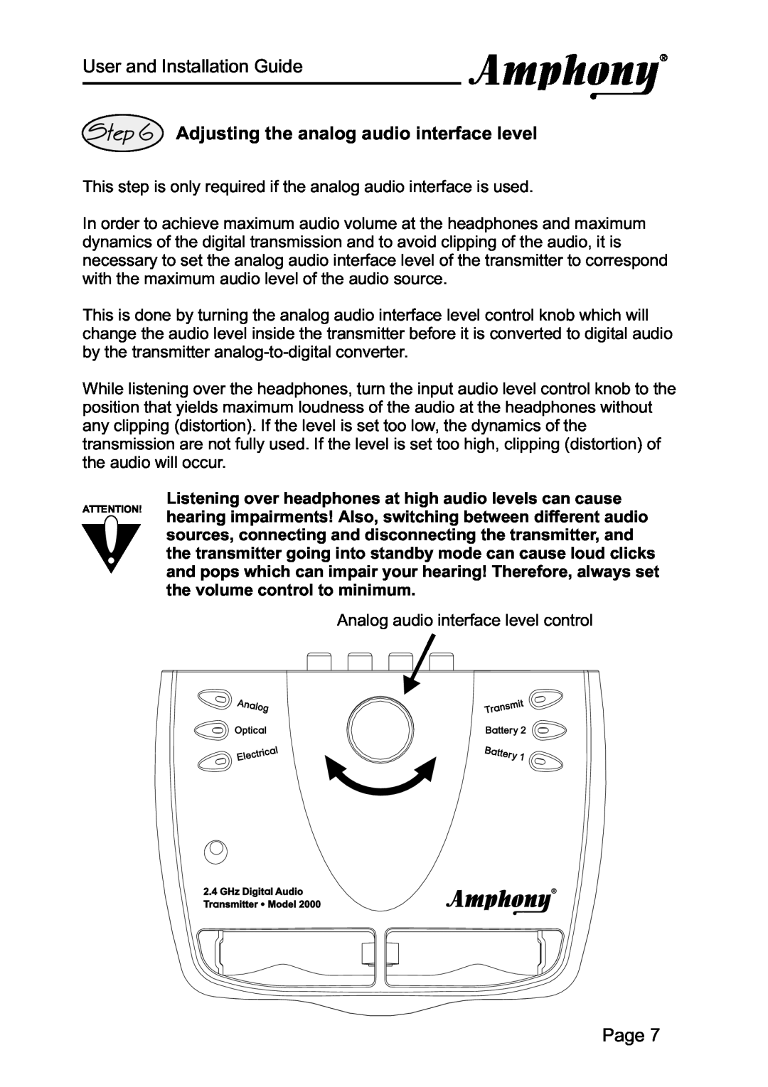 Amphony 2000 manual Adjusting the analog audio interface level, User and Installation Guide, Page 