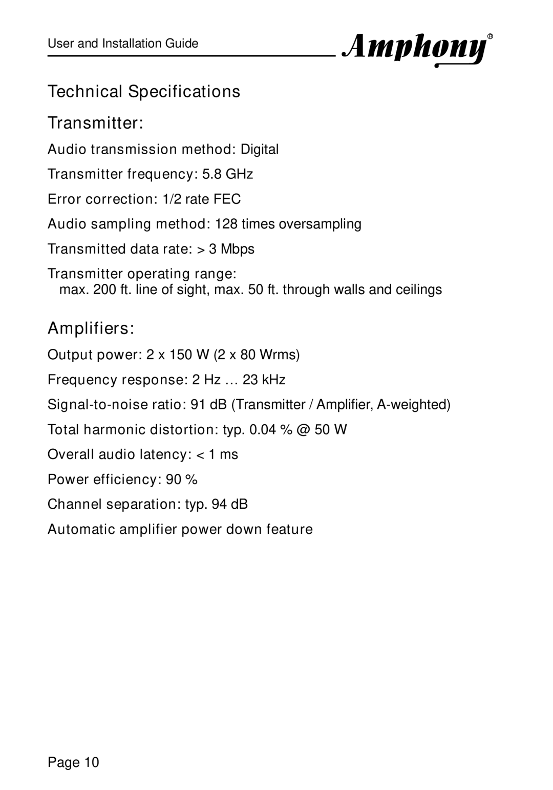 Amphony PMJT1500, L1600 manual Technical Specifications Transmitter, Frequency response 2 Hz … 23 kHz 