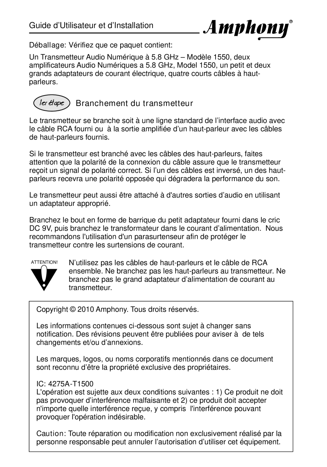 Amphony PMJT1500, L1600 manual 1erØtapeBranchement du transmetteur, IC 4275A-T1500 