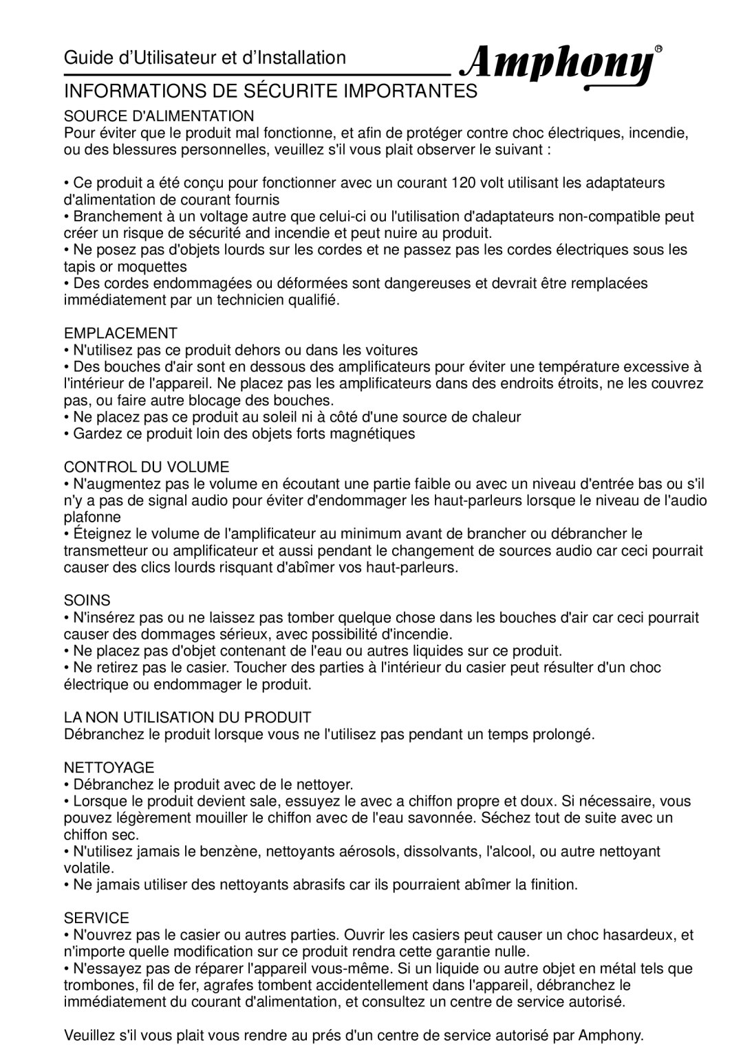 Amphony PMJT1500, L1600 manual Informations DE Sécurite Importantes, Source Dalimentation 