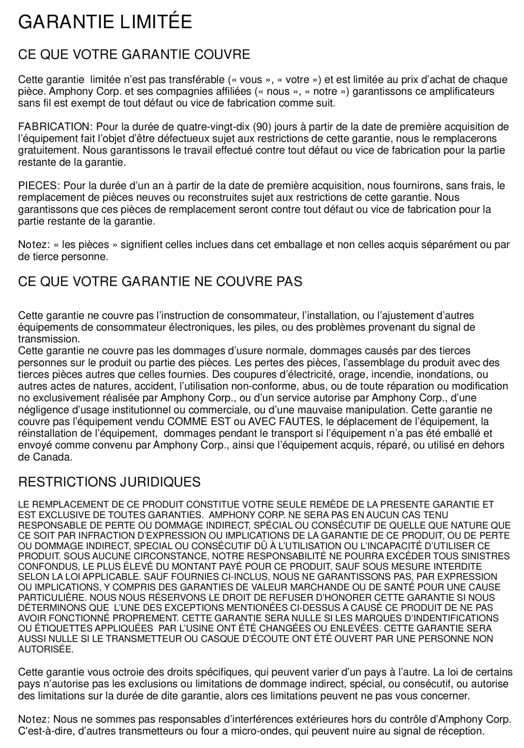 Amphony L1600, PMJT1500 manual CE QUE Votre Garantie Couvre, CE QUE Votre Garantie NE Couvre PAS, Restrictions Juridiques 