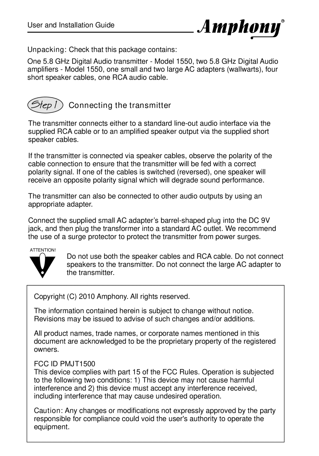 Amphony L1600 manual Connecting the transmitter, FCC ID PMJT1500 