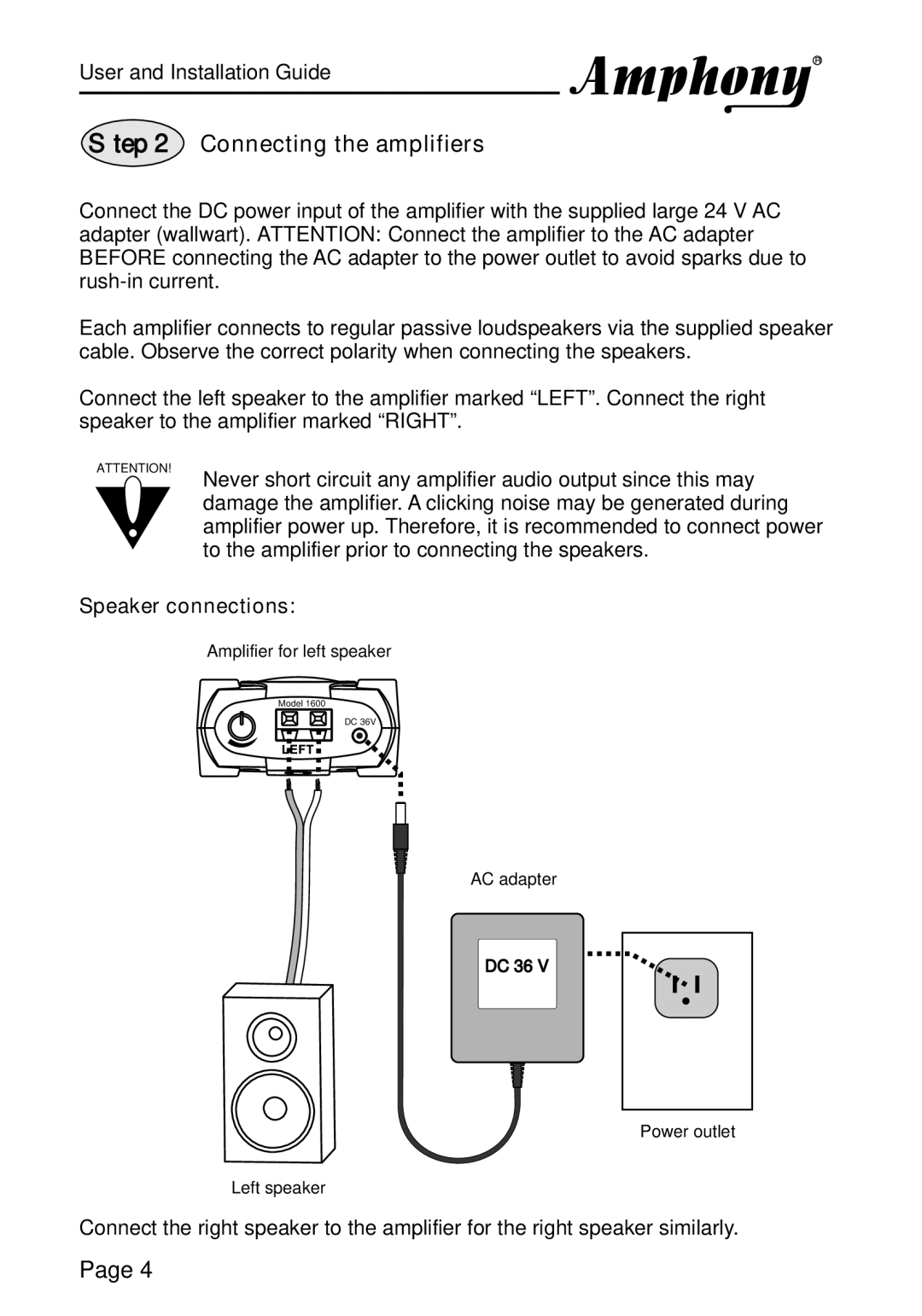 Amphony PMJT1500, L1600 manual Connecting the amplifiers, Speaker connections 