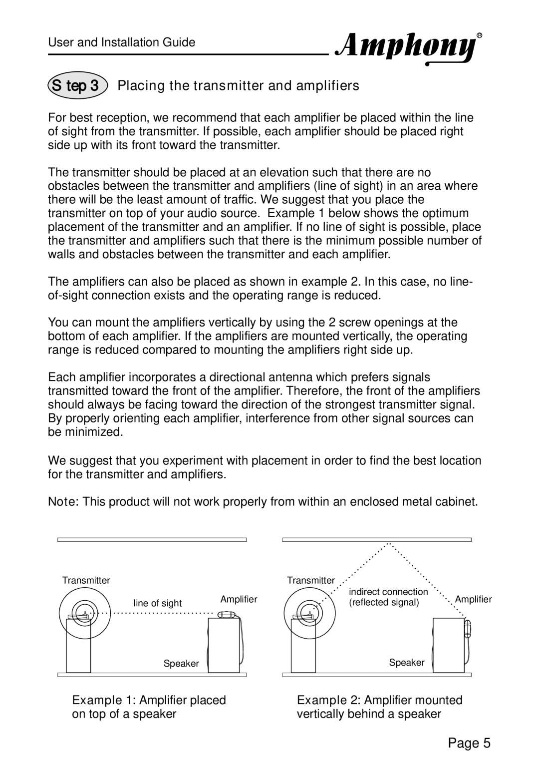 Amphony L1600, PMJT1500 manual Placing the transmitter and amplifiers, Example 1 Amplifier placed on top of a speaker 