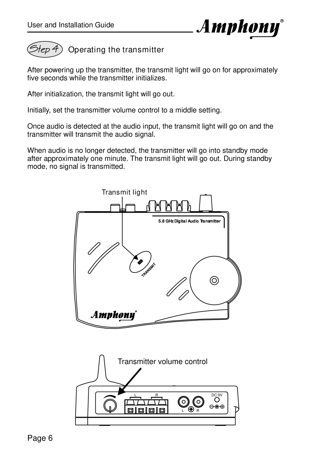 Amphony L1600, PMJT1500 manual Operating the transmitter, Transmit light 