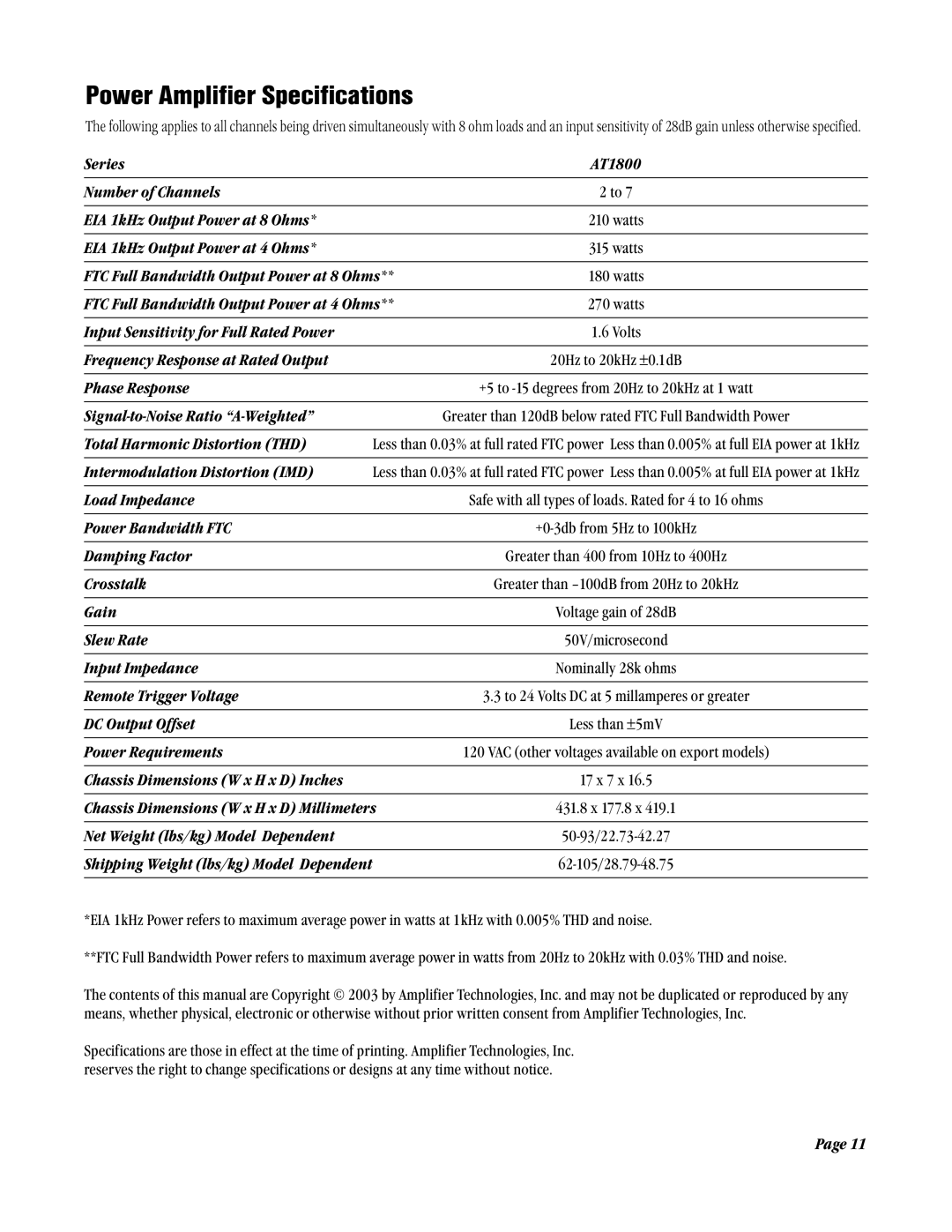 Amplifier Tech AT1800 Series manual Power Amplifier Specifications 