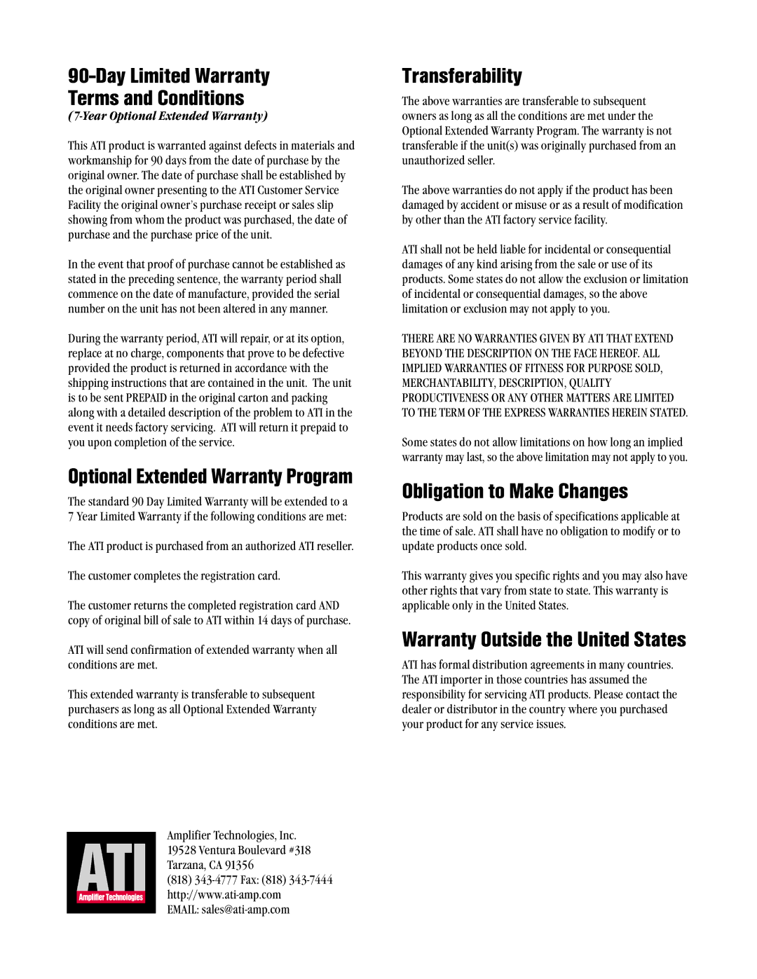 Amplifier Tech AT1800 Series manual Transferability, Obligation to Make Changes, Year Optional Extended Warranty 