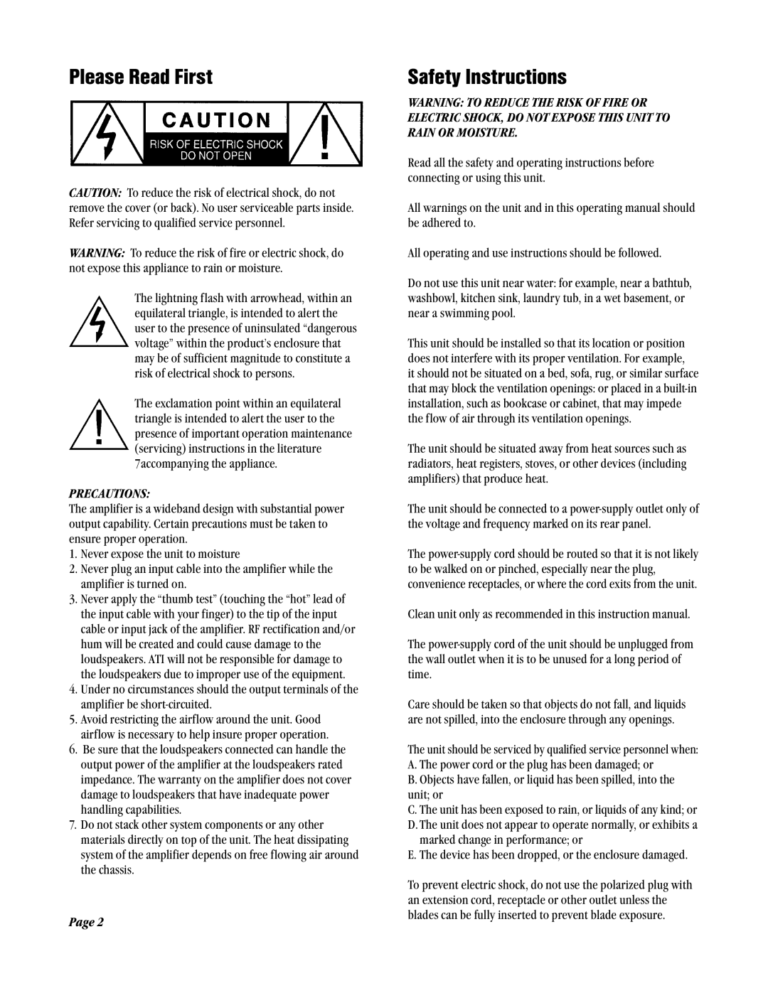 Amplifier Tech AT1800 Series manual Please Read First, Safety Instructions 