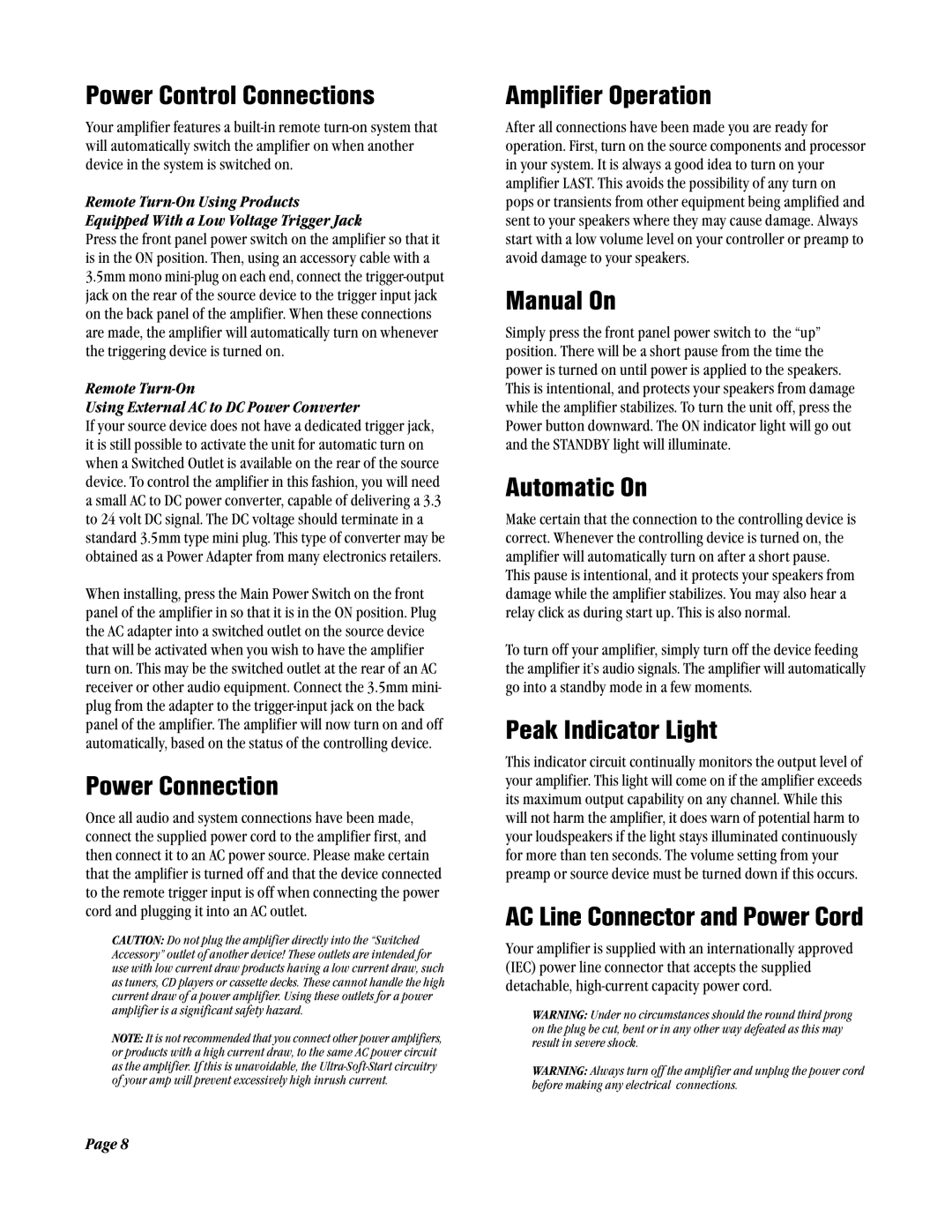 Amplifier Tech AT1800 Series Power Control Connections, Power Connection, Amplifier Operation, Manual On, Automatic On 