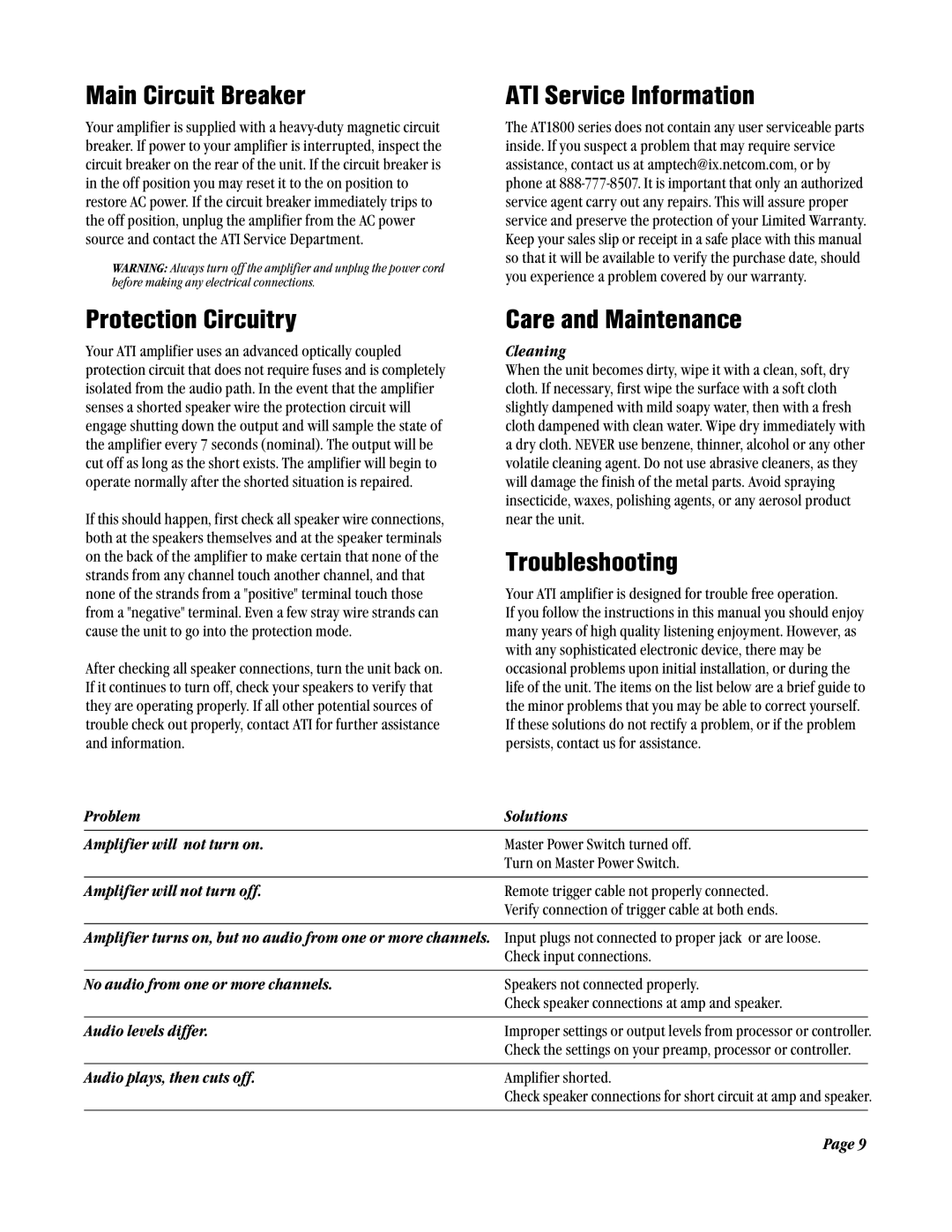 Amplifier Tech AT1800 Series Main Circuit Breaker, ATI Service Information, Protection Circuitry Care and Maintenance 