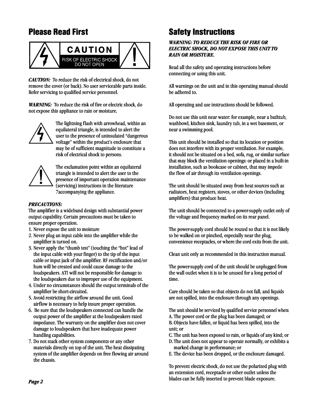 Amplifier Tech AT1800 Series manual Please Read First, Safety Instructions, Precautions, Page 