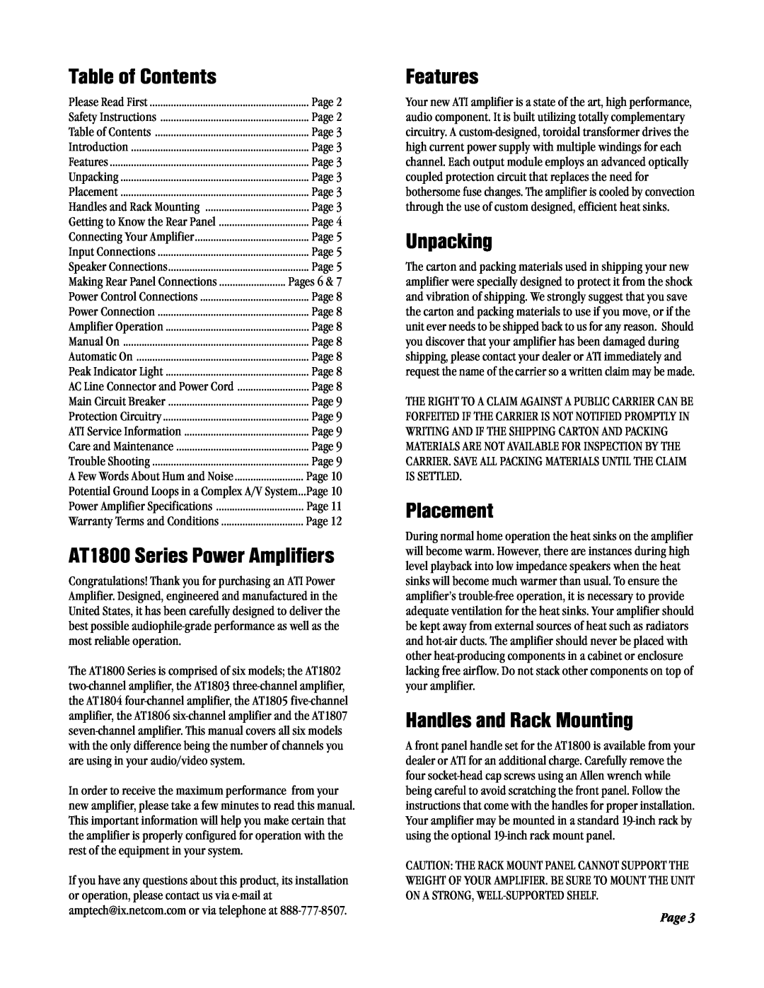 Amplifier Tech AT1800 Series manual Table of Contents, Features, Unpacking, Placement, Handles and Rack Mounting, Page 