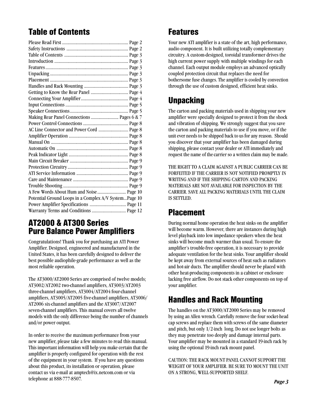 Amplifier Tech AT3000 manual Table of Contents, AT2000 & AT300 Series Pure Balance Power Amplifiers, Features, Unpacking 