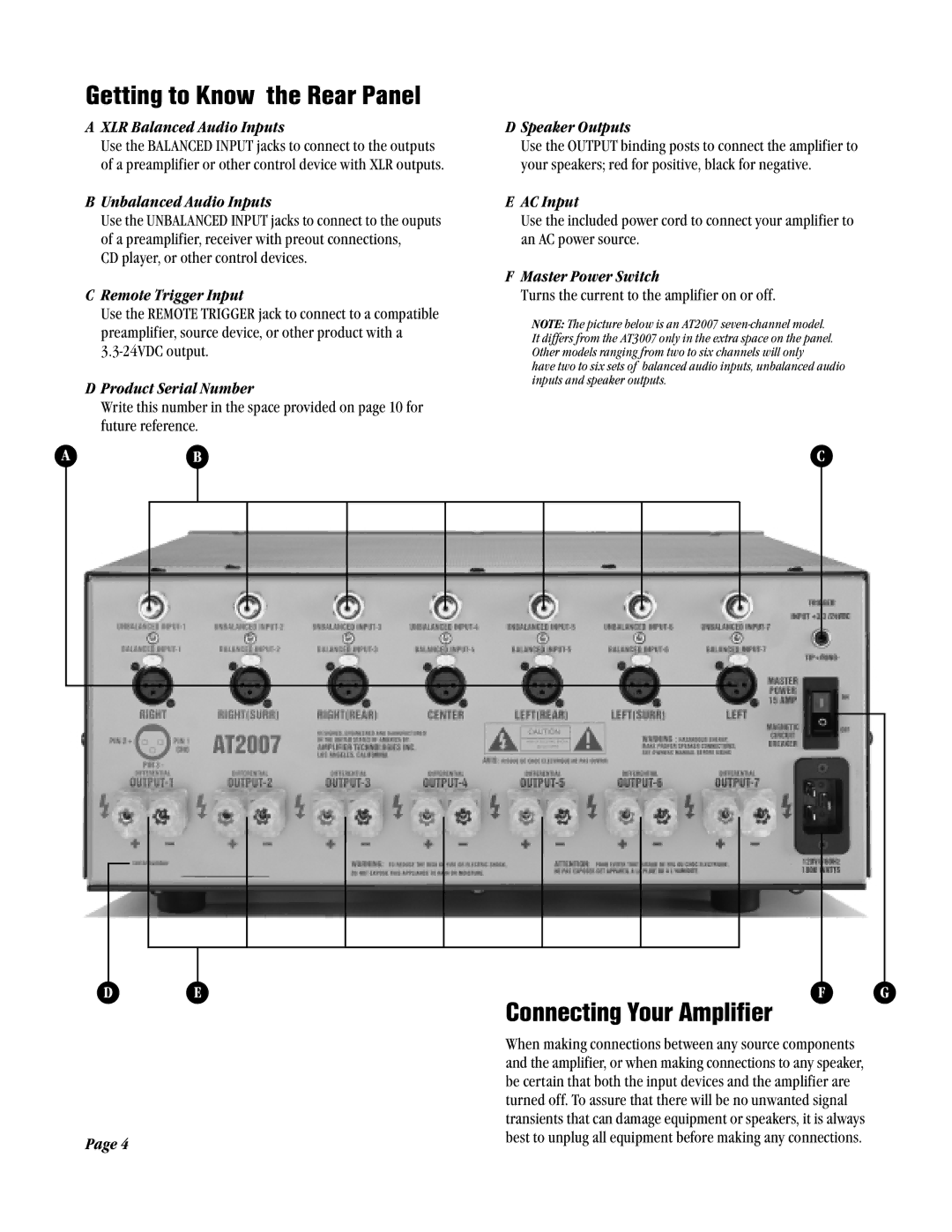 Amplifier Tech AT2000, AT3000 manual Connecting Your Amplifier 