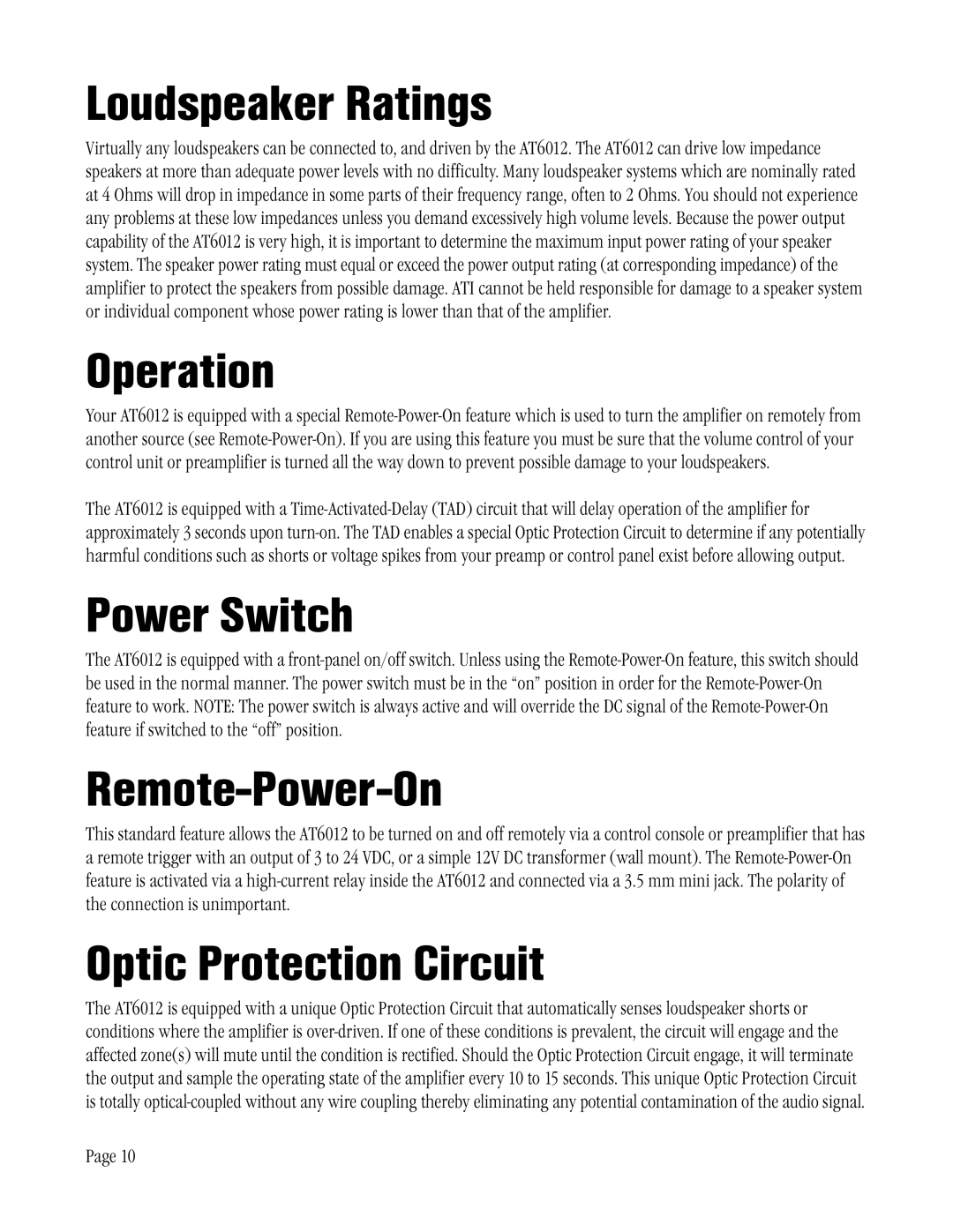 Amplifier Tech AT6012 manual Loudspeaker Ratings, Operation, Power Switch, Remote-Power-On, Optic Protection Circuit 