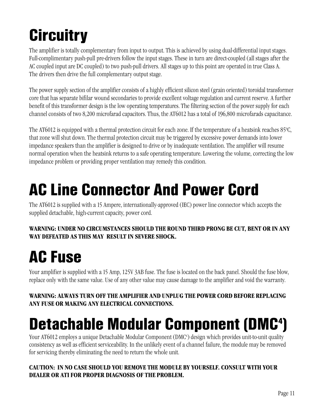 Amplifier Tech AT6012 manual Circuitry, AC Fuse 