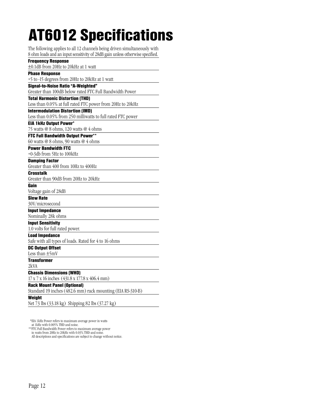 Amplifier Tech manual AT6012 Specifications, EIA 1kHz Output Power 