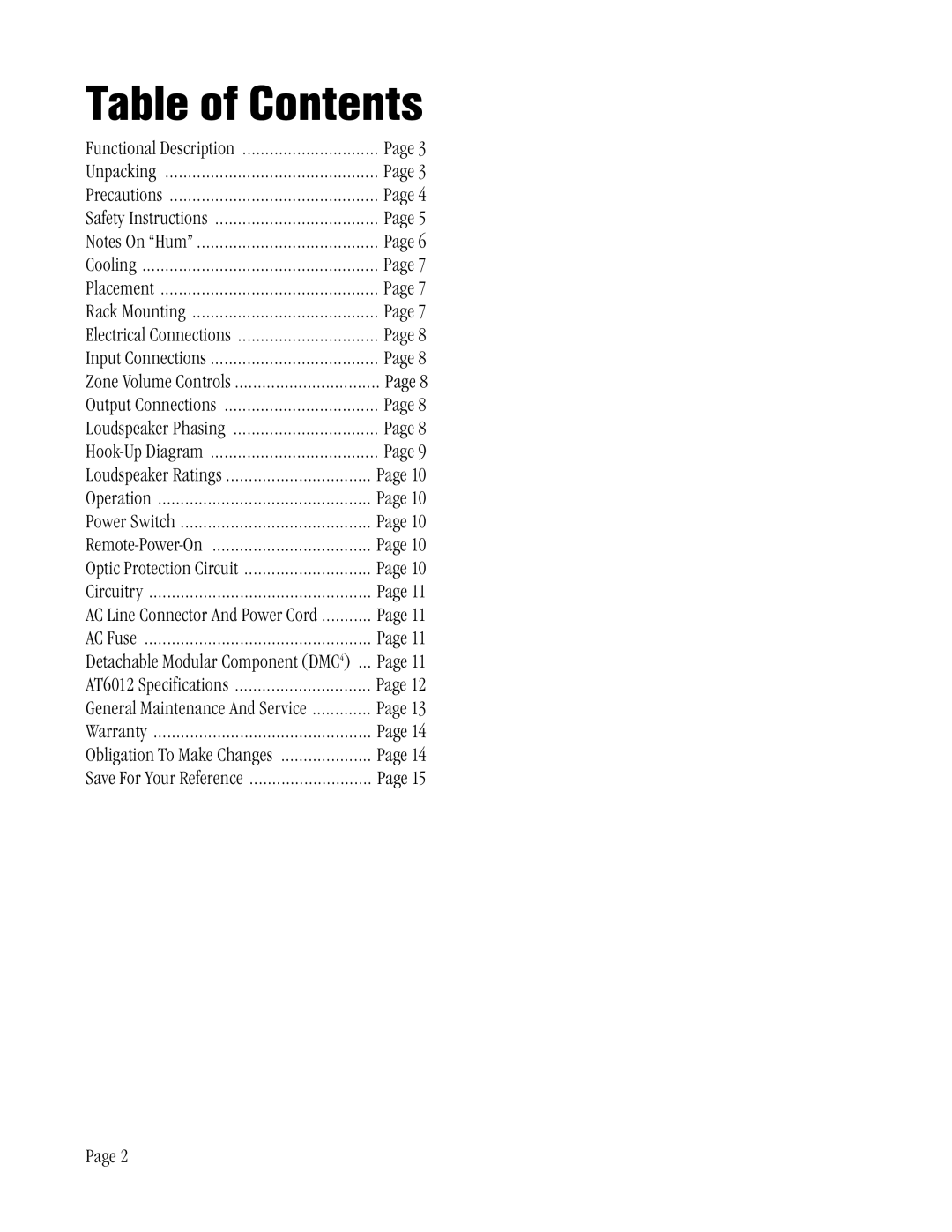 Amplifier Tech AT6012 manual Table of Contents 