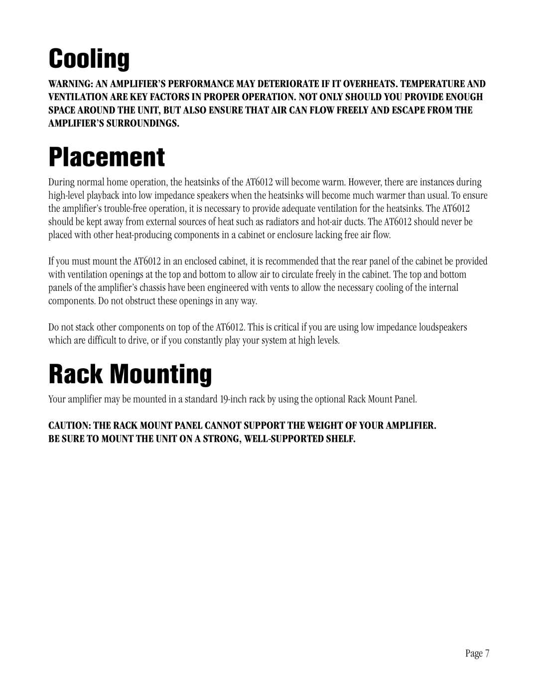 Amplifier Tech AT6012 manual Cooling Placement, Rack Mounting 