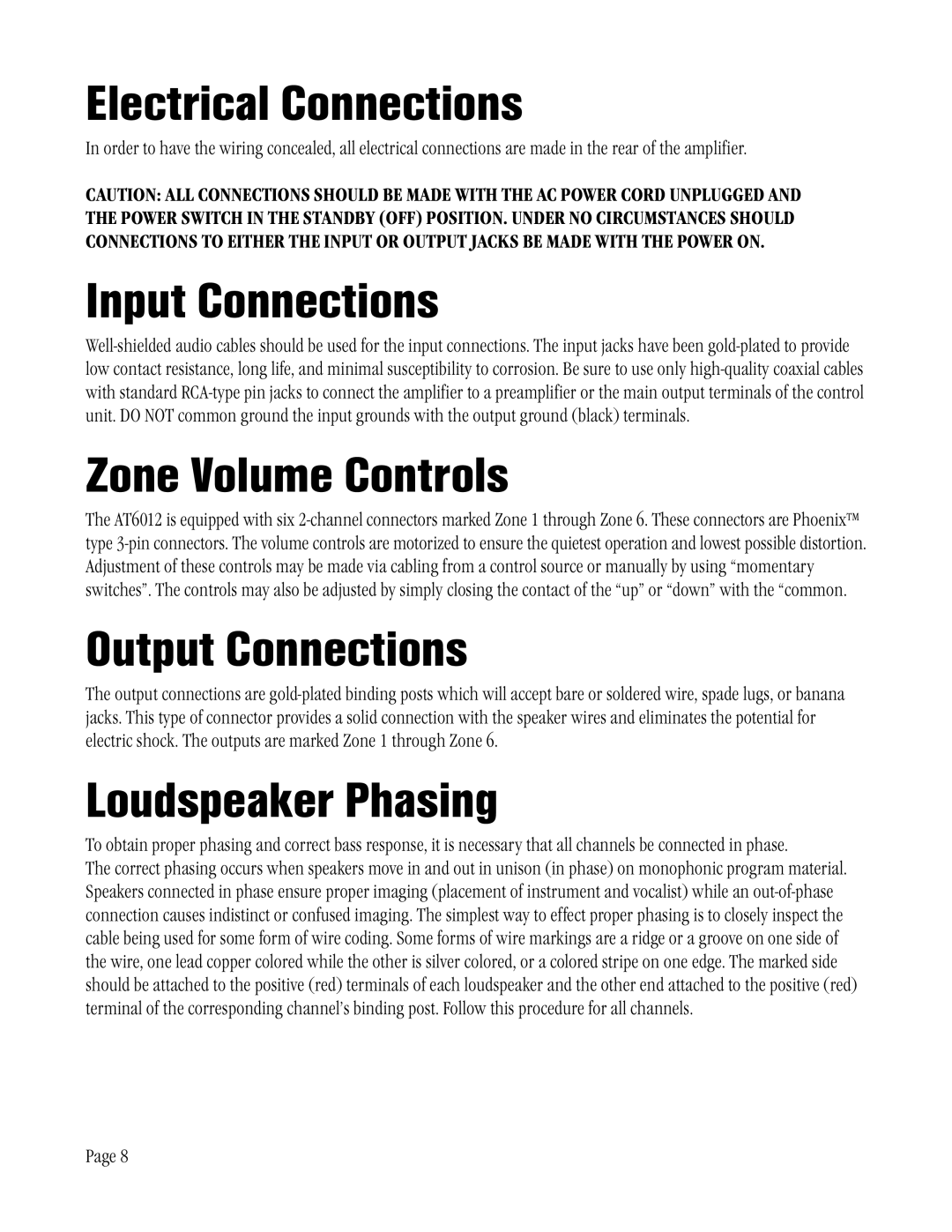 Amplifier Tech AT6012 manual Electrical Connections, Input Connections, Zone Volume Controls, Output Connections 