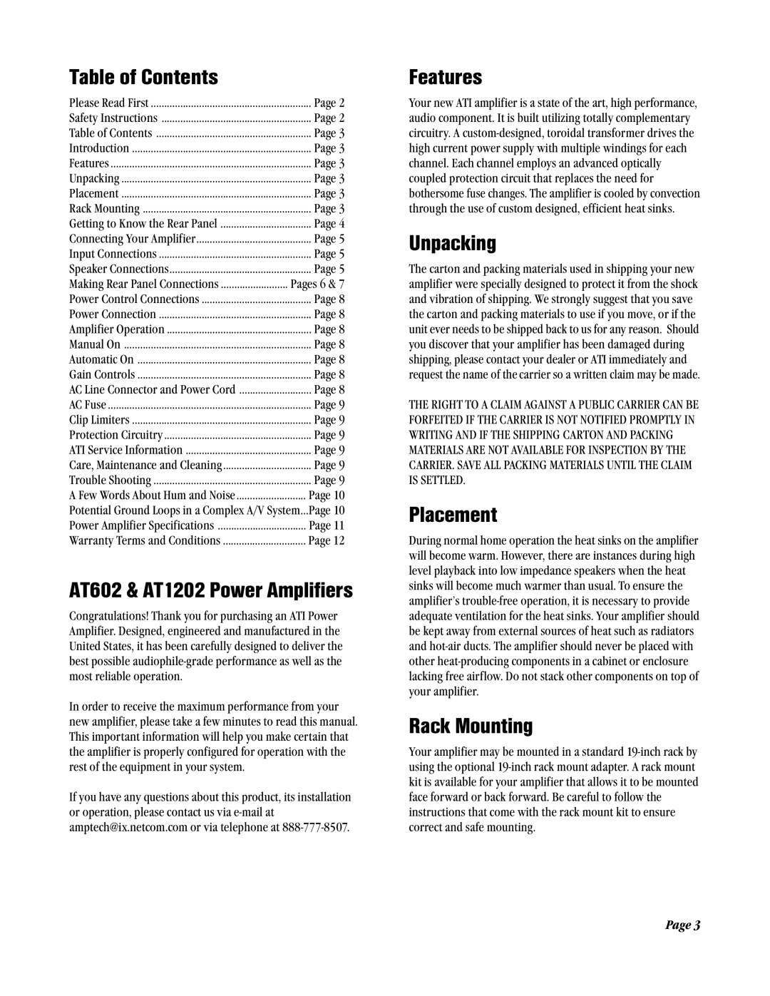 Amplifier Tech AT1202, AT602 manual Table of Contents, Features, Unpacking, Placement, Rack Mounting 