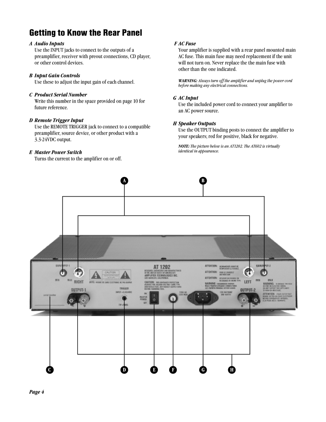 Amplifier Tech AT602 Audio Inputs, Input Gain Controls, Product Serial Number, Remote Trigger Input, Master Power Switch 