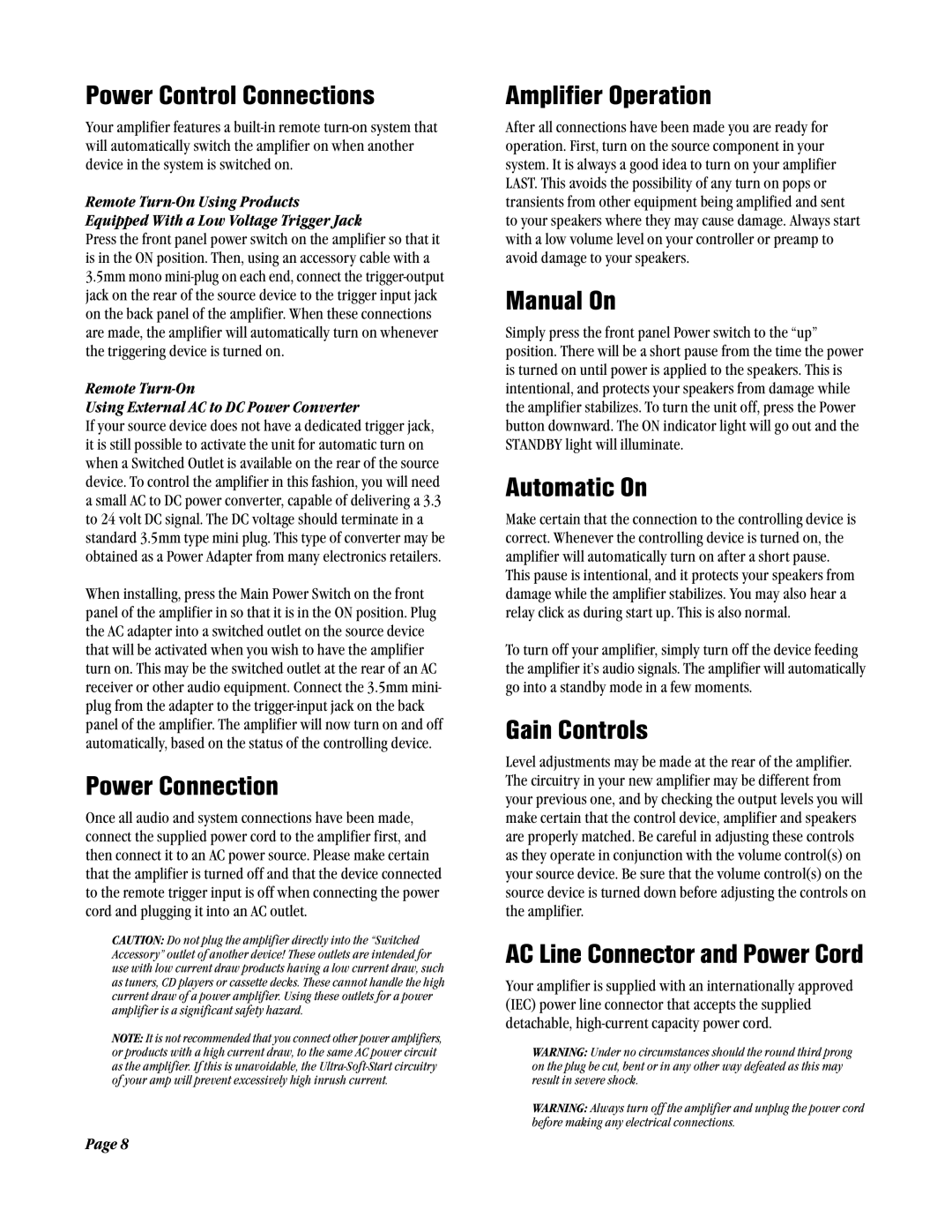 Amplifier Tech AT602, AT1202 Power Control Connections, Power Connection, Amplifier Operation, Manual On, Automatic On 