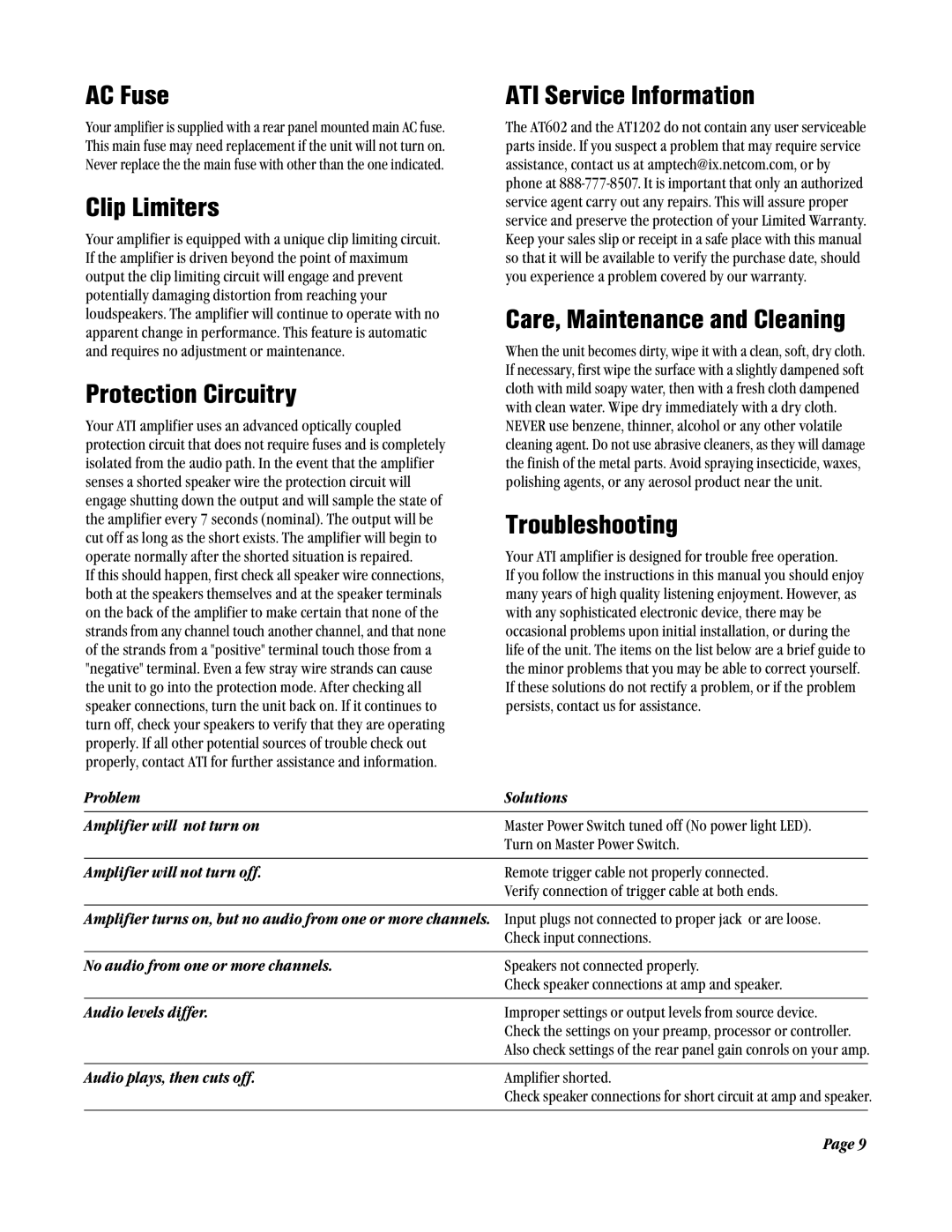 Amplifier Tech AT1202, AT602 manual AC Fuse, Clip Limiters, Protection Circuitry, ATI Service Information, Troubleshooting 