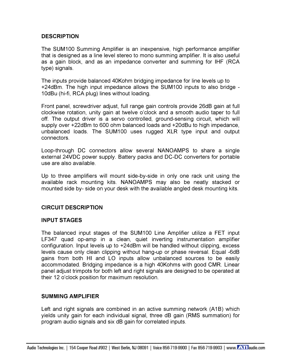 Amplifier Tech SUM100 manual Circuit Description Input Stages, Summing Amplifier 