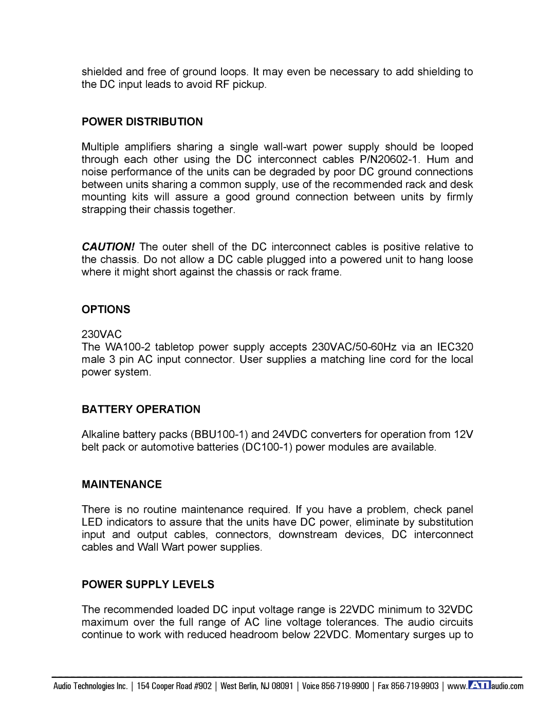 Amplifier Tech SUM100 manual Power Distribution, Options, Battery Operation, Maintenance, Power Supply Levels 