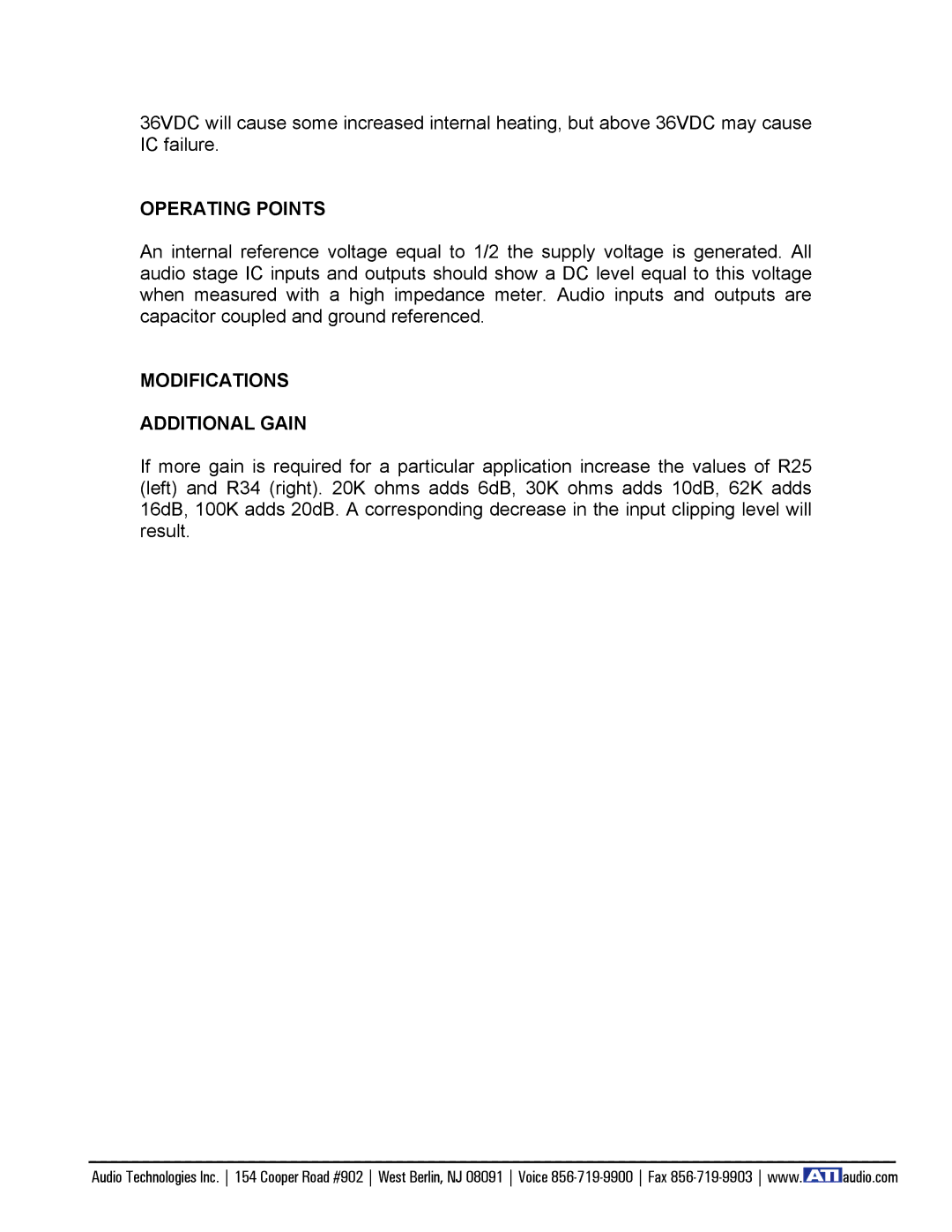 Amplifier Tech SUM100 manual Operating Points, Modifications Additional Gain 