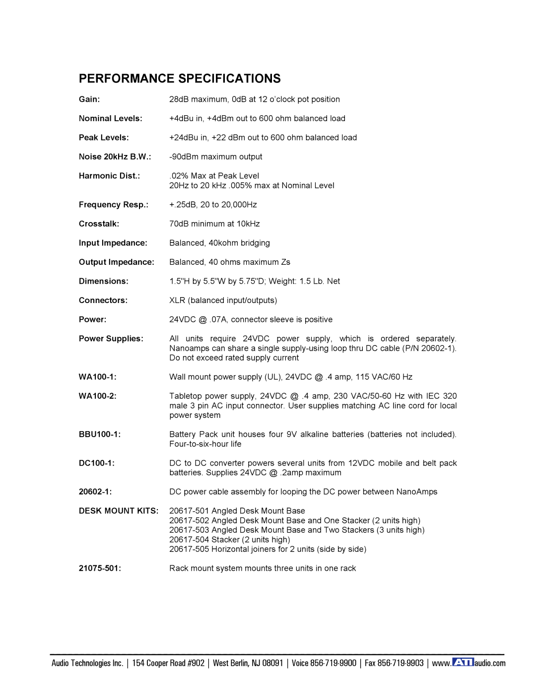 Amplifier Tech SUM100 manual Performance Specifications 