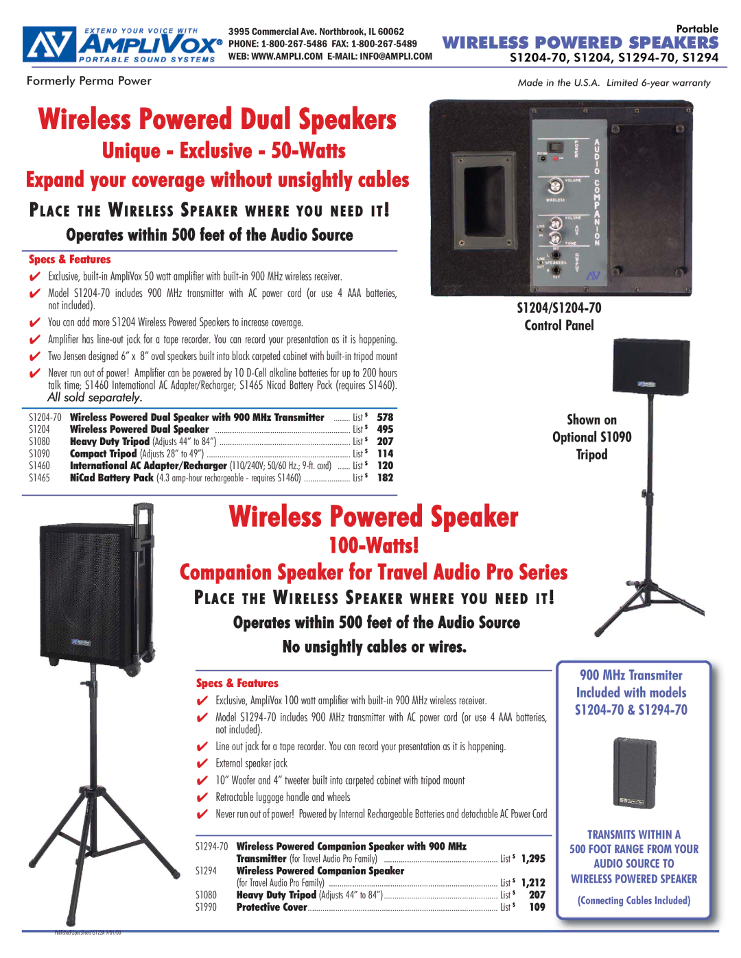 AmpliVox S1294-70, S1204-70 warranty Wireless Powered Dual Speakers, Wireless Powered Speakers 