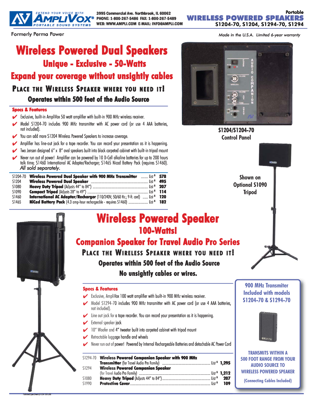 AmpliVox manual Wireless Powered Speaker, MODEL S1204-70USE FOR SW227, Dual Module Speaker with 169.445 MHz Transmitter 