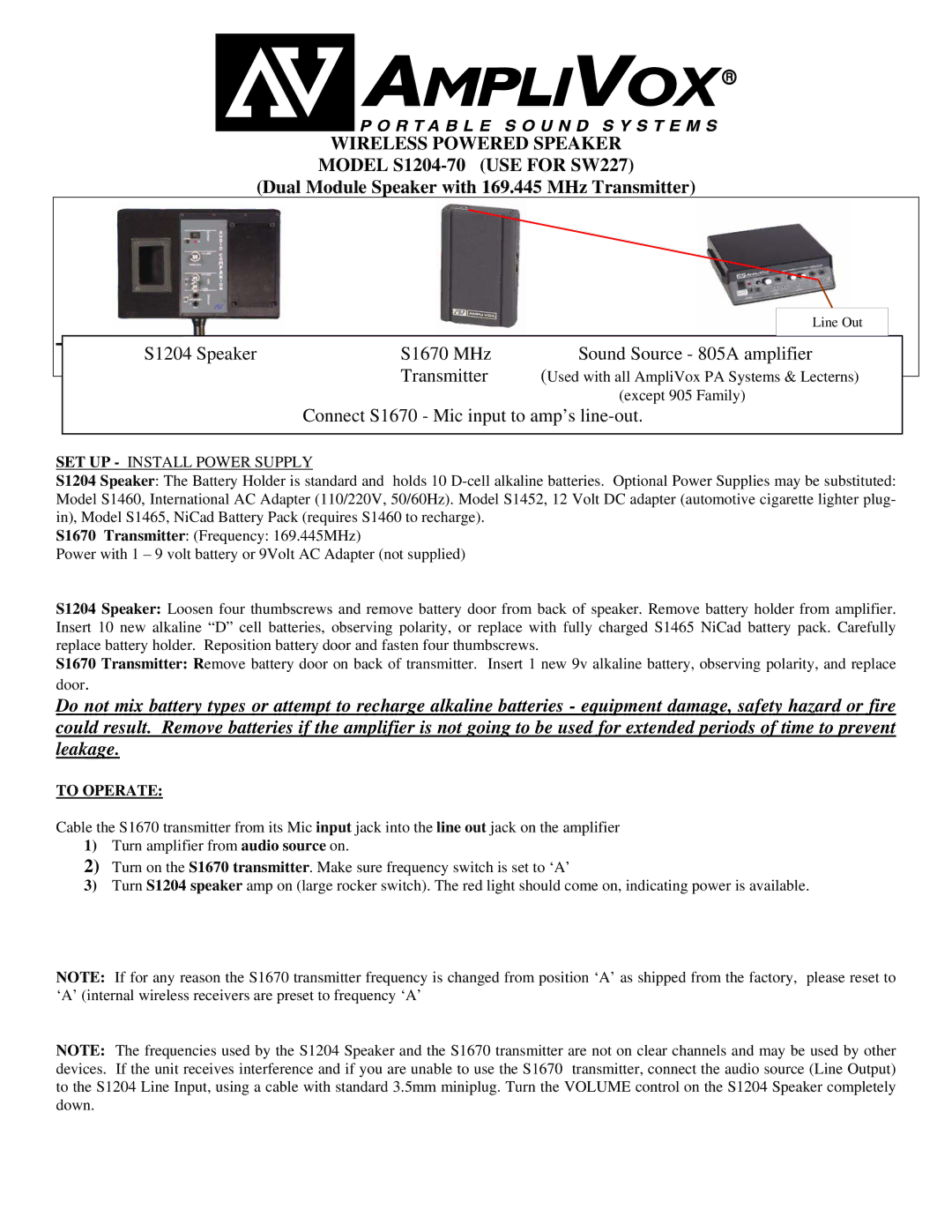 AmpliVox S1204-70 manual Wireless Powered Speaker, To Operate 