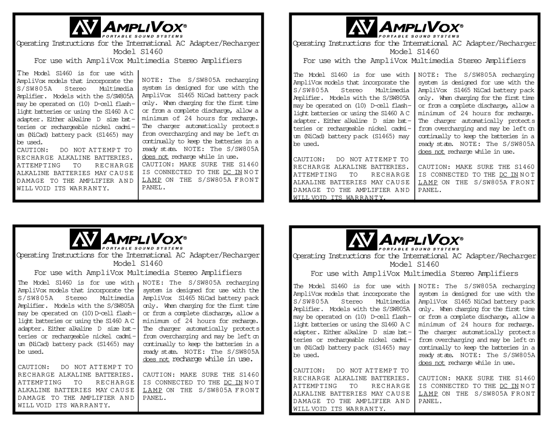 AmpliVox operating instructions Model S1460, For use with AmpliVox Multimedia Stereo Amplifiers 