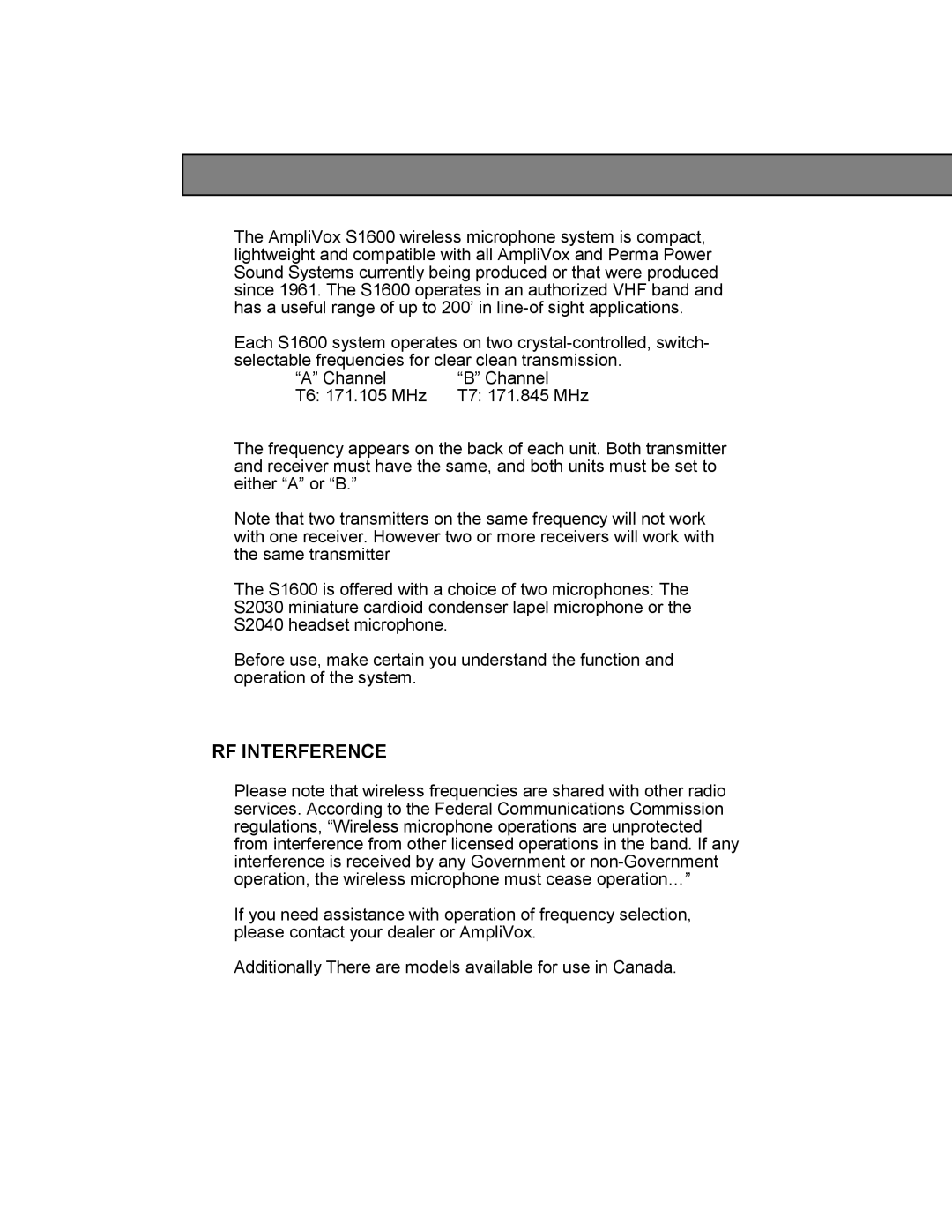 AmpliVox S1610, S1600 owner manual RF Interference 